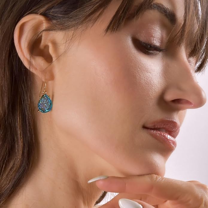 Teardrop Dangle Earrings for Women with Simulated Druzy Stones in Gold or Silver Tone