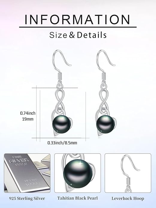 Tahitian Black Pearl Earrings Gifts for Women Wife Celtic Dangle Drop Earrings Wedding Birthday Anniversary Jewelry Valentines Christmas Day Gifts 925 Sterling Silver