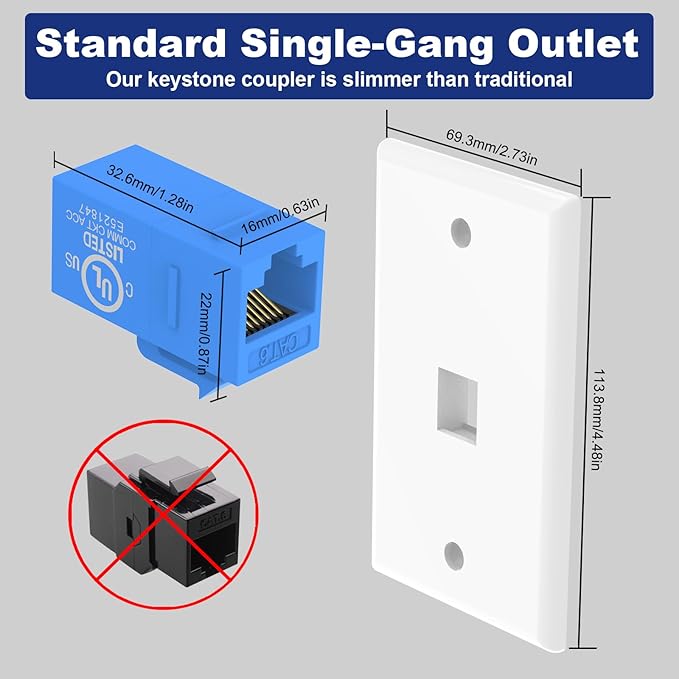 VCE Ethernet Wall Plate (UL-Listed) 1-Port, Keystone Jack Wall Outlet with CAT6 Keystone Inline Coupler Insert and Low Voltage Mounting Bracket 1 Gang, Blue 2-Pack