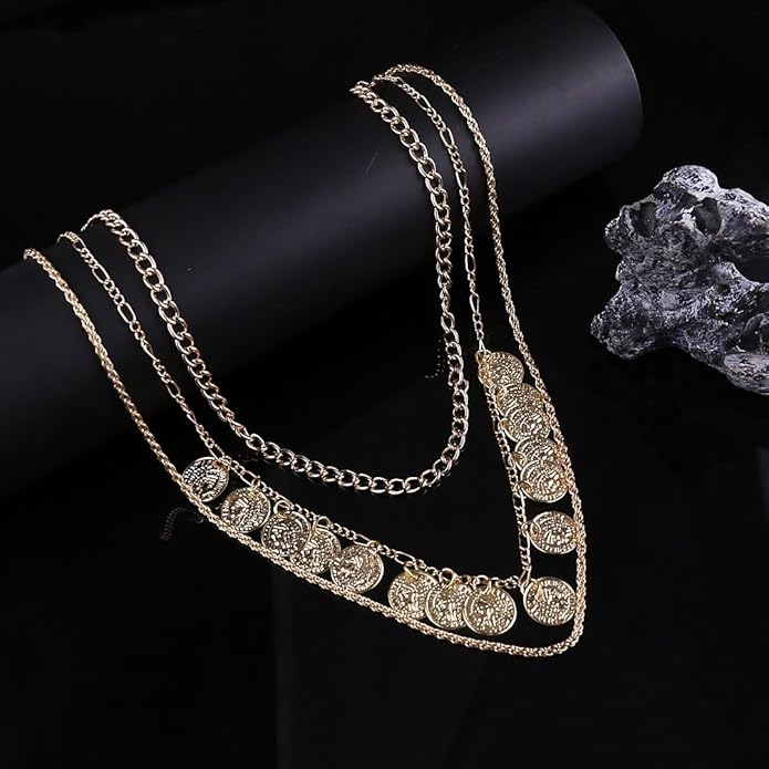 Pirate Necklace Chunky Gold Necklace for Women vintage Pirate Coin Pendant Necklace Fashion Chunky Chain Choker Necklaces Pirate Costume Women Men Jewellery