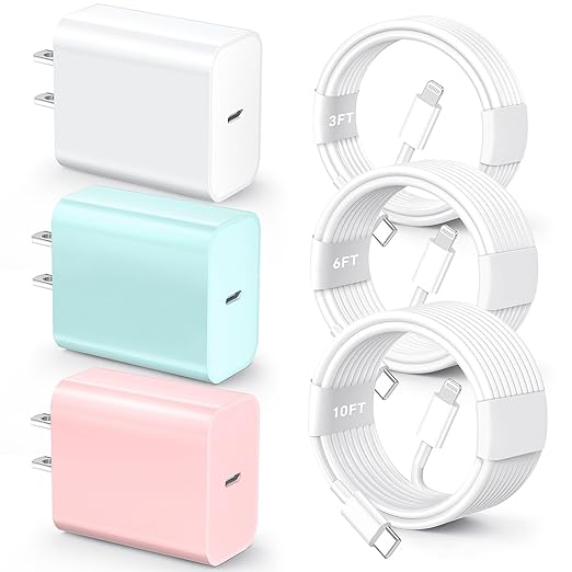 for iPhone 14 13 12 11 Fast Charger, [MFi Certified] 3 Pack 20W USB C Charger Block with 3FT&6FT&10FT USB C to ightning Fast Charging Cable Compatible with iPhone 14/13/12/11/Pro/Pro Max/Xs/Xr/X