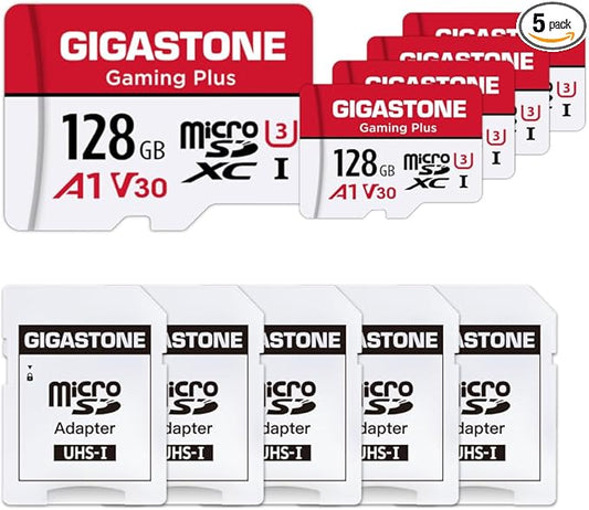 GIGASTONE Micro SD Card 128GB 5-Pack, Gaming Plus, MicroSDXC Memory Card for Nintendo-Switch 1, Security Camera, Dash Cam, UHS-I U3 A1 Class 10, up to 100MB/s, with MicroSD to SD Adapter