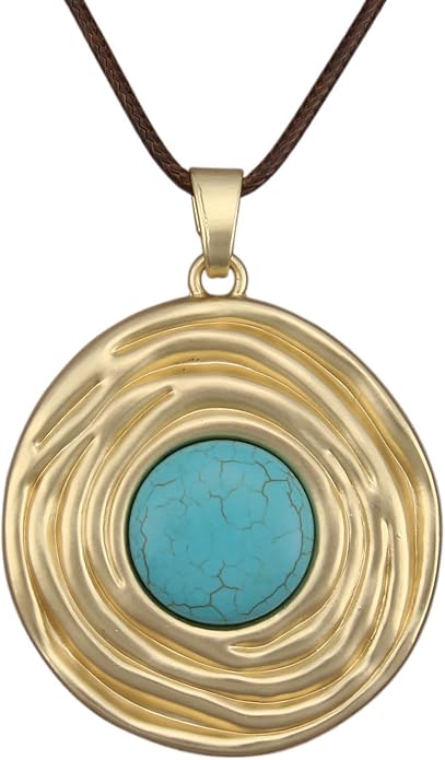 Boho Leather Necklace Women Bohemian Brown Circle Pendant Necklace Choker Long Necklaces for Women Boho Ring Large Pendant