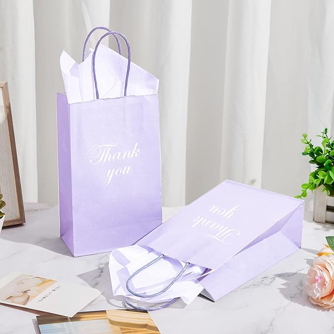 DjinnGlory 100 Pack Small Lavender Purple Paper Gift Bags with Handles Bulk 9''x5.5''x3.15'' for Birthday Wedding Baby Shower Parties Goodies, Purple Business Shopping Bags