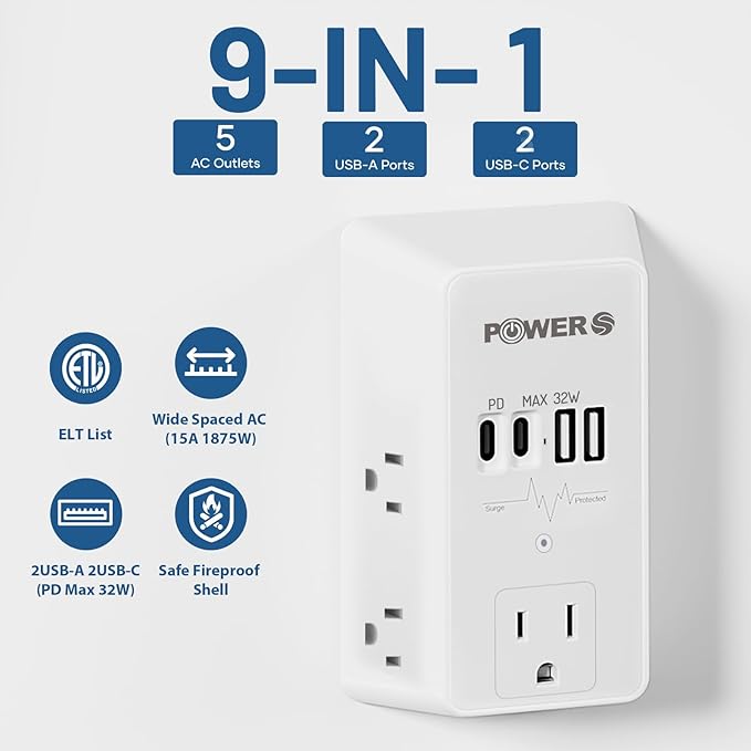 20W PD Fast Charging Wall Outlet with USB Ports (2C2A), Electrical Outlet Extender, Surge Protector, Wall Plug Adapter for Multiple Devices, Wall Socket Expander