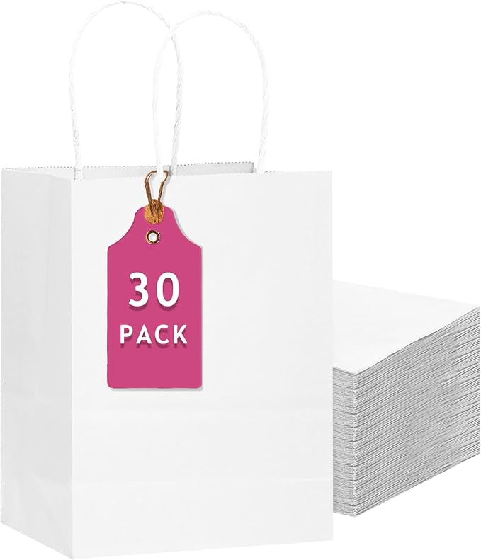 qiqee 30-Packs White Gift Bags with Handles Bulk 13''x5 x10 Large Size Paper Bags Multiple Uses (Large Size)