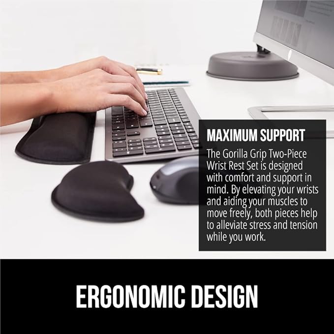 GORILLA GRIP Silky Memory Foam Wrist Rest for Computer Keyboard, Mouse, Ergonomic Design for Typing Pain Relief, Desk Pads Support Hand and Arm, Mousepad Rests, Stain Resistant, 2 Piece Pad, Black