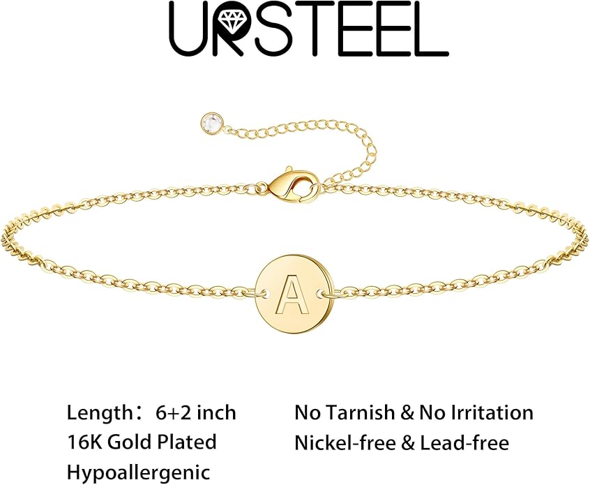 Ursteel Gold Initial Bracelet for Women Trendy - Valentines Day Gifts for Kids Teen Girls, Personalized A-Z Letter Cute Bracelet for Women, Dainty Gold Coin Disc Womens Jewelry Gifts