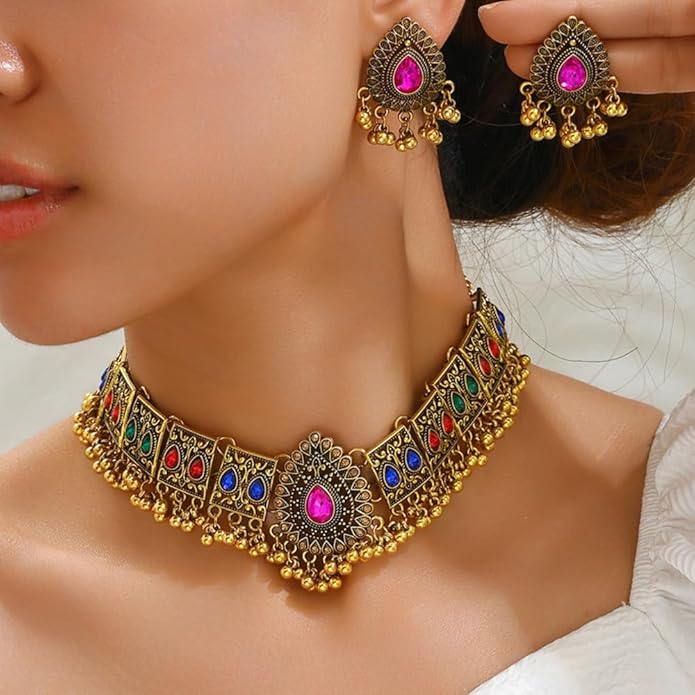 Indian Wedding Bridal Traditional Bohemian Jewellery Set for Women Girls Antique Oxidized Ethnic Party Prom Wear Statement Necklace Earring Tassel Bollywood Choker Punk Crystal Fashion Gift for Bride