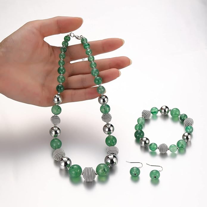 PEARL&CLUB Beaded Chunky Statement Necklace Earring and Bracelet Set Silver Metal Bead Fashion Jewelry Set Mothers’ Day Gifts for Women