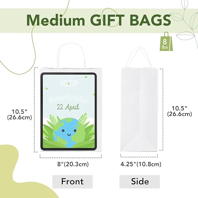 MESHA Gift Paper Bags 300 PACK 8x4.25x10.5'' White Medium Shopping Kraft Bags Bulk with HandlesReusable for Business Grocery Birthday Wedding Kids Party Favors(Made in USA)