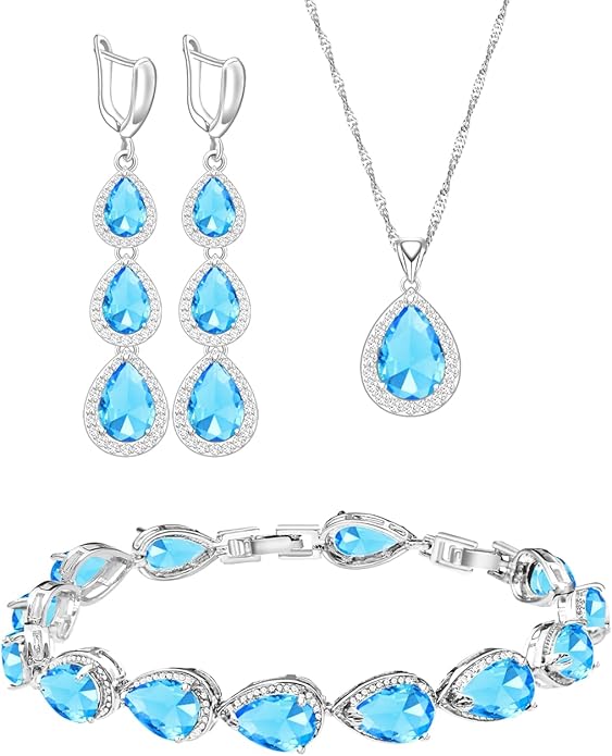 LMXXVJ Necklace Long Earrings Bracelet Set, White Gold Plated Created Blue Sapphire Jewelry Set Wedding Party Gift Jewelry for Women Bridal Bridesmaid