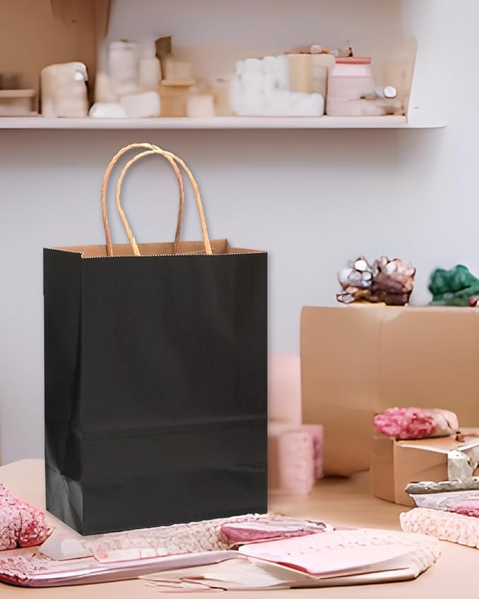 qiqee Large Kraft Paper Bags with Handles 13"x10"x5" 32 pcs Gift Paper Bag Black Solid Color Bags（Large Size）