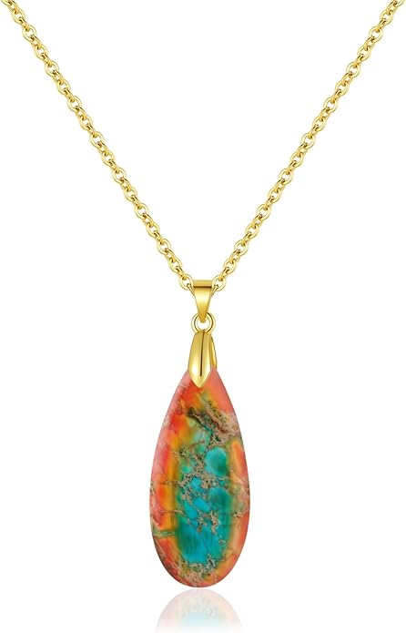 Natural Healing Stone Chain Necklaces for Women Teardrop Gemstone Pendant Statement Gold Necklace