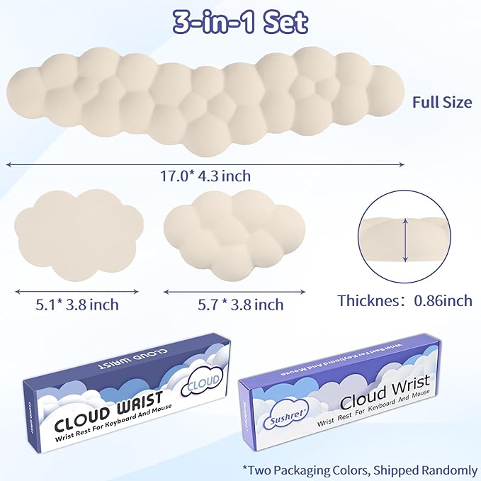 Cloud Wrist Rest for Keyboard and Mouse, Memory Foam PU Leather Keyboard Wrist Rest with Ergonomic Support, Non-Slip Base, Cute Arm Rest Pad & Palm Cushion, Office Desk Accessory, Beige