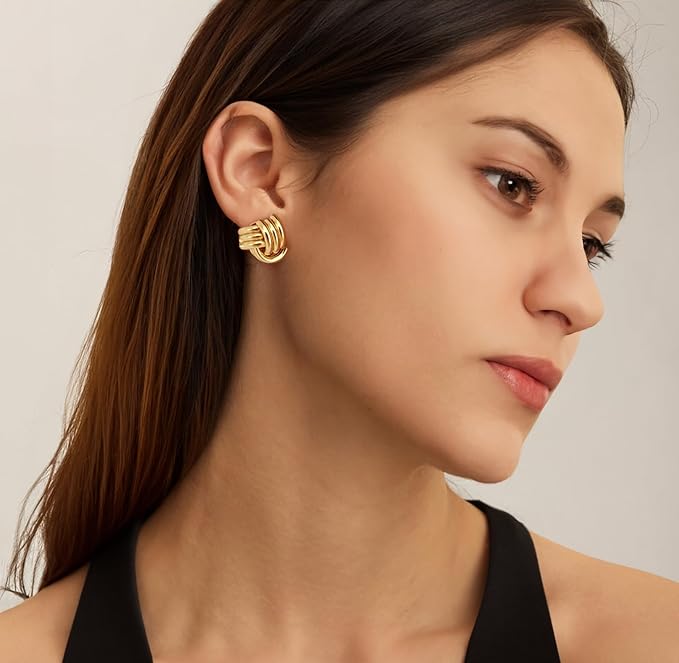 Chunky Gold/Silver Earrings for Women Knot Link Circle Statement Geometric Drop Dangle Earrings Studs Trendy Jewelry (Tri-Knot Earrings-Gold)