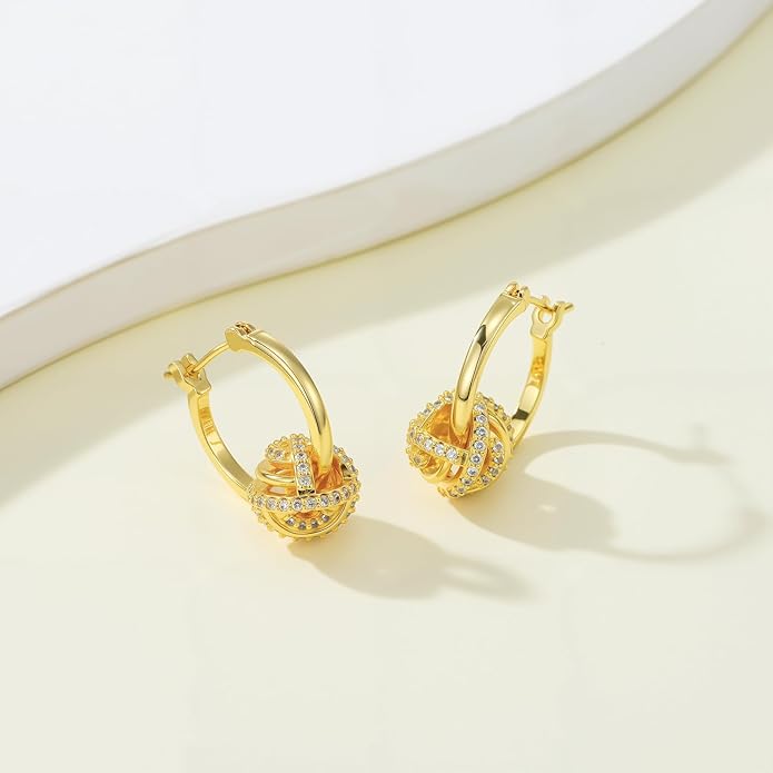 14K Gold Plated Hoop Earrings for Women Gold Plated Earrings for Women Gold Knot Earring for Womens Hoops Hypoallergenic Rotating Love Knot Design Dainty Dangle Drop Earring
