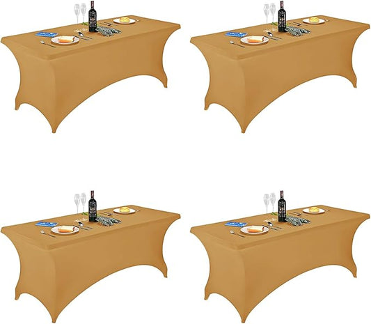 FORLIFE 4Pack Spandex Table Covers，Fitted Tablecloth for Rectangular Tables, Stretch Patio Table Covers, Universal Spandex Table Cover for Wedding, Banquet, Party (6ft, Gold)