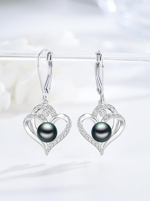 Tahitian Black Pearl Earrings Gifts for Women Wife Celtic Dangle Drop Earrings Wedding Birthday Anniversary Jewelry Valentines Christmas Day Gifts 925 Sterling Silver