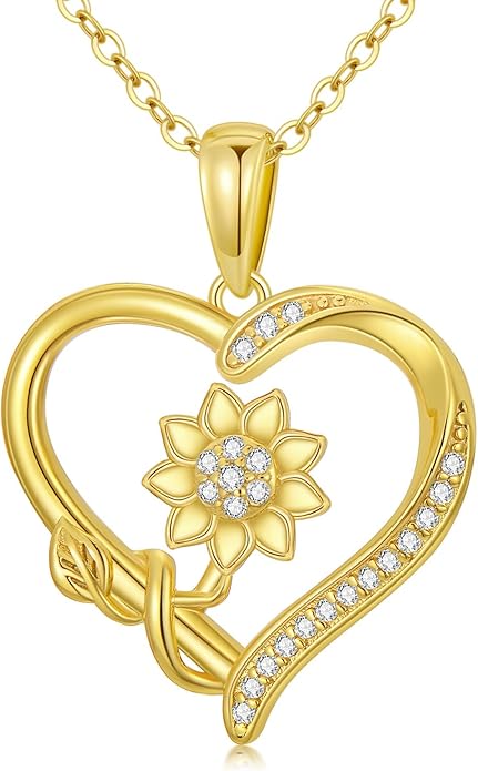 14K Solid Gold Rose Flower/Sunflower Necklaces for Women Flower Heart Pendant Necklace Love Sunshine Jewelry Anniversary Valentine's Day Birthday GiftS for Women Wife Girlfriend Her Mom