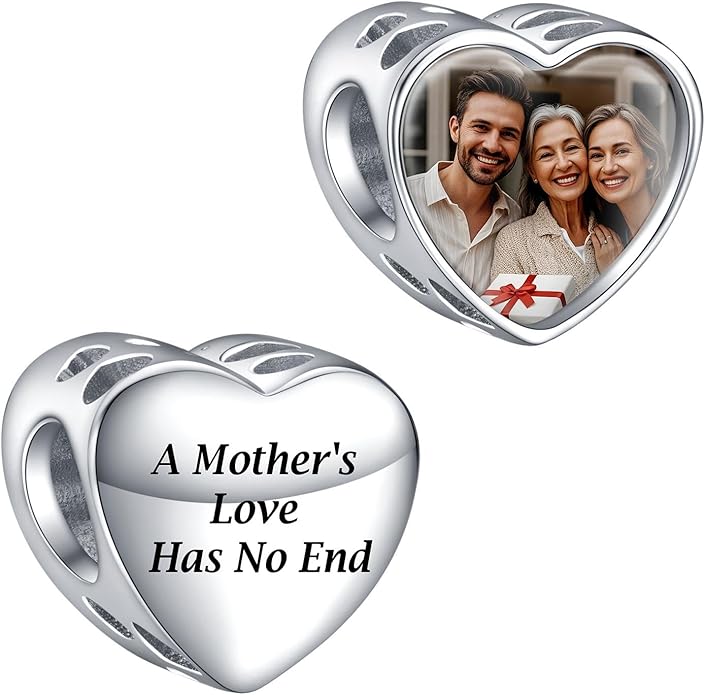 Annmors Personalized Photo Charms For Bracelets/Necklace 925 Sterling Silver Love Heart Shaped Engraved Customize Picture Gift for Birthday Mother's Day,Bead Charms Jewelry for Women