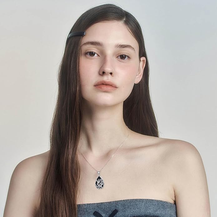Black Onyx Necklace 925 Sterling Silver Flower Insect Pendant Teardrop Onyx Jewelry Valentines Day Birthday Gifts for Women