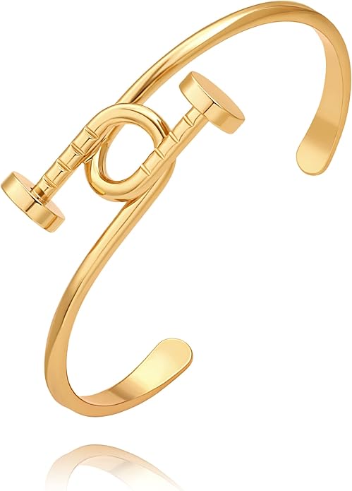PERNNLA PEARL Dainty Gold Bar Bracelet for Women Simple Delicate Thin Cuff Bangle Hook Bracelet 18K Gold Plated Handmade Minimalist Jewelry