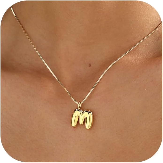 Bubble Gold Silver Letter Necklace Initial Necklaces for Women Trendy 14K Dainty Charm Pendant Name Necklace Personalized Jewelry Gift for Women Teen
