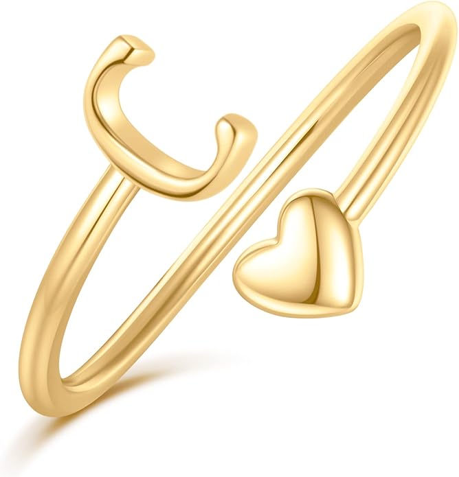 Initial Rings for Women Girls - Valentines Day Gifts for Her, Adjustable Rings for Women Non Tarnish Letter A-Z Dainty Heart Ring Teen Girls Gifts Trendy Stuff Personalized Jewelry Gift