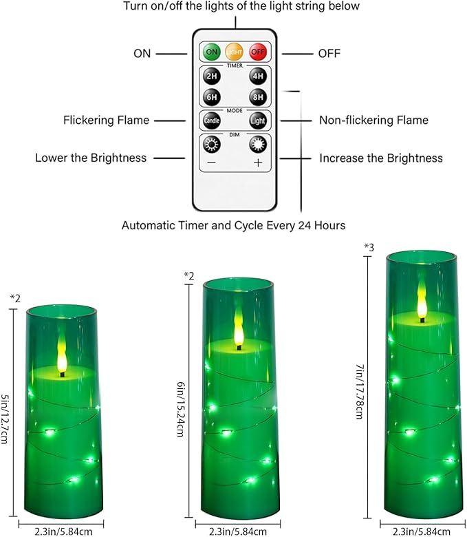 Flameless Candles with Embedded Star String, Battery Operated LED Pillar Candles with Timer and Remote Control,Home Decorating for Ambiance， Set of 7 (Green)