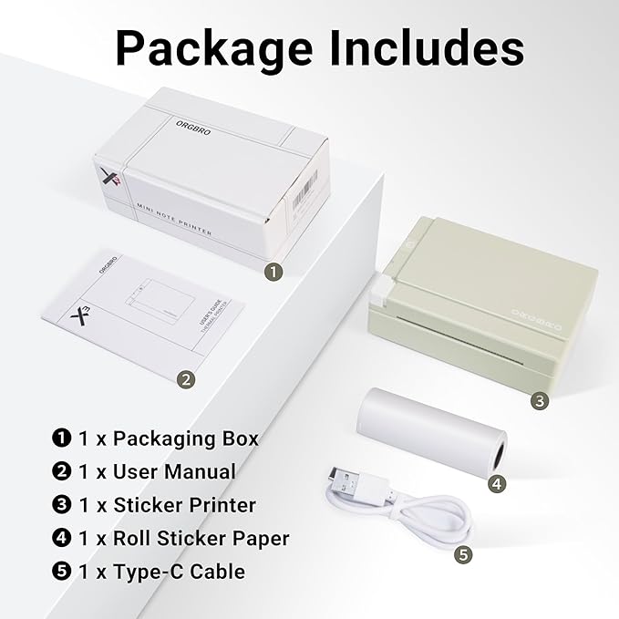 ORGBRO Sticker Printer Machine, X3 Mini Printer Print Pods Portable Thermal Inkless Sticker Maker, 3-Inch 300 DPI Bluetooth Pocket Printers for Smartphones, Notes, Journal, Photos, DIY, Kids Gift