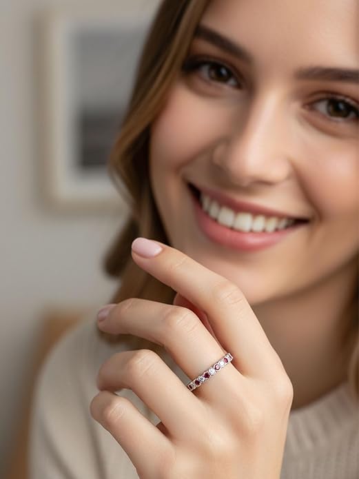 D Color VVS1 Clarity Moissanite Hand Setting Eternity Rings for Women, Solid 925 Sterling Silver Rhodium Finish, Stackable Ring, Wedding Birthday Valentines Anniversary Mothers Day Ideal Gift for Her