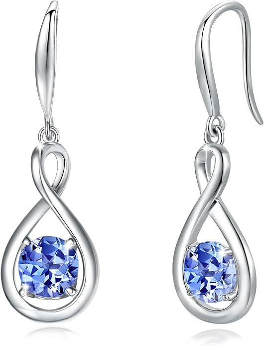 FANCIME Valentines Day Gift Dangle Drop Earrings 925 Sterling Silver Dainty Infinity Round Gemstone Birthstone Jewelry Birthday Gifts for Her Women