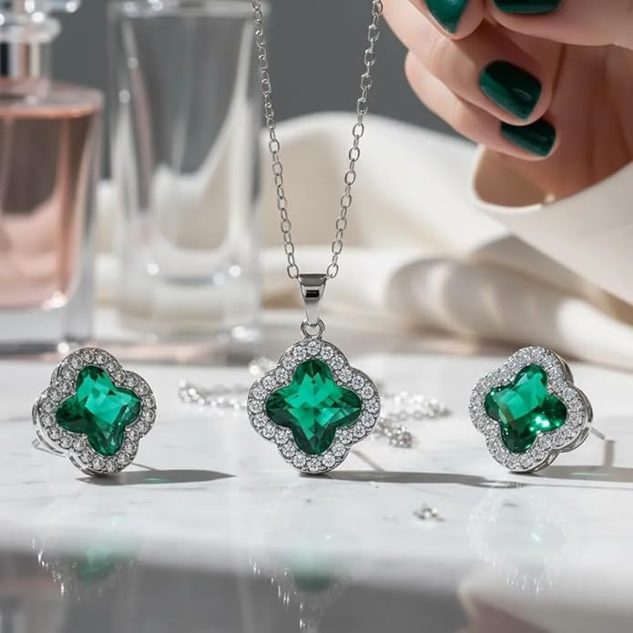 Four Leaf Clover Necklace and Earrings Set for Women, Clover Jewelry Set with Pendant Necklace and Stud Earrings, Brilliant Cubic Zirconia, Polished Metal Setting, Hypoallergenic, & Lightweight
