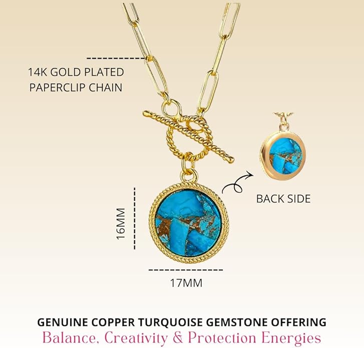 Gempires Gemstone Coin Front Toggle Pendant Necklace for Women with Gold Paperclip Chain, Natural Crystal Pendant with Toggle Clasp, Handcrafted Perfect Jewelry Gift for her