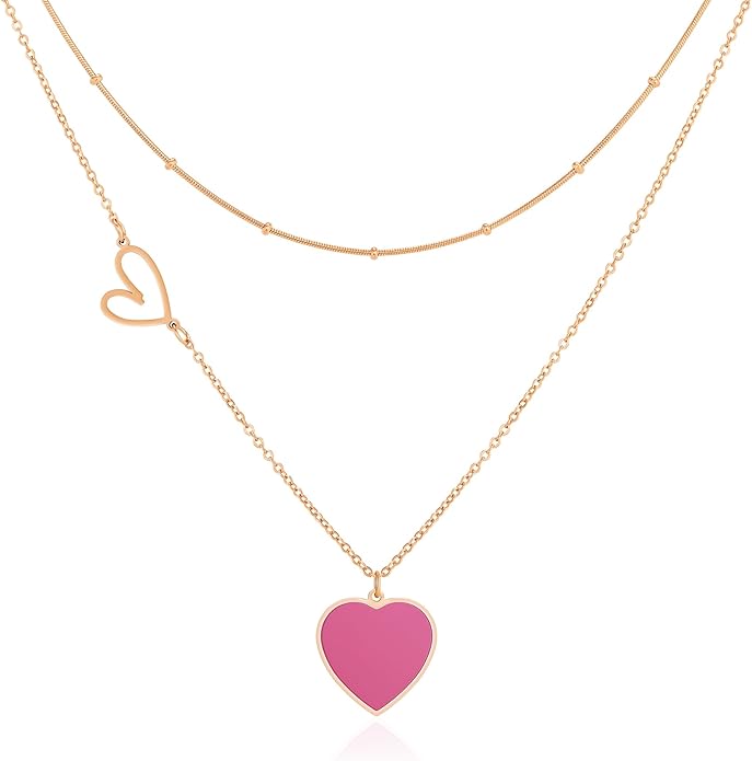 Linawe Layered Choker Heart Pendant Necklace for Women Trendy, Gold/Silver/Rose Gold Chain Stainless Steel Stacked Necklaces, Double Heart Necklace Y2K Preppy Jewelry