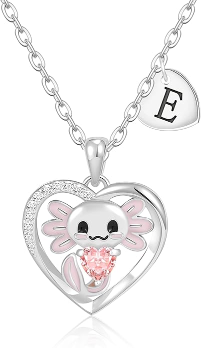 C-leen Axolotl Valentines Day Gifts for Her, 14K Gold Plated Axolotl Initial Necklace Cute Heart Initial Pendant Necklaces Birthday Valentines Day Gifts for Kids Girls Women