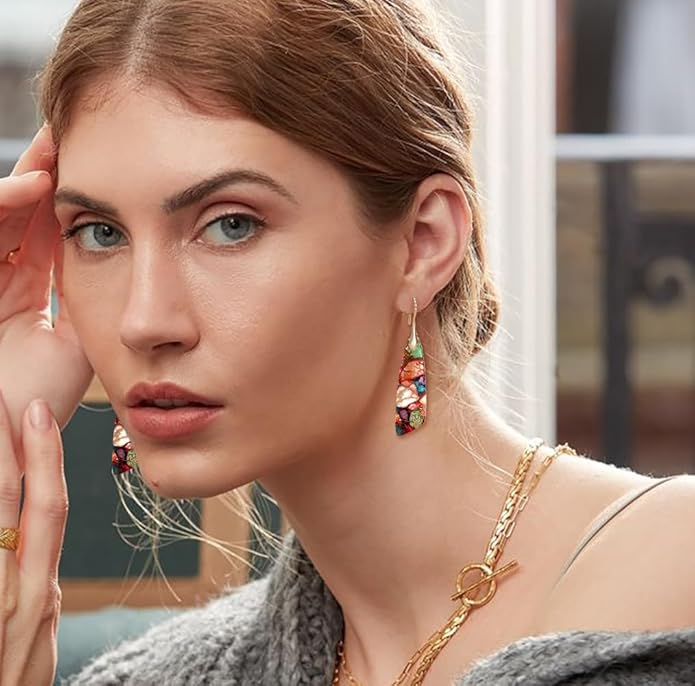 Natural Stone Earrings for Women Boho Triangles Dangle Drop Earrings