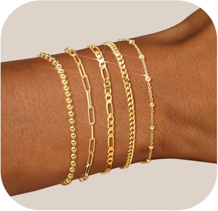adoyi Valentines Day Gifts for Her Gold Bracelets for Women, 14K Gold Plated Stackable Bracelet Stack Set Adjustable Charm Paperclip Chain Cuban Link Layered Waterproof Jewelry Sets Gifts for Womens