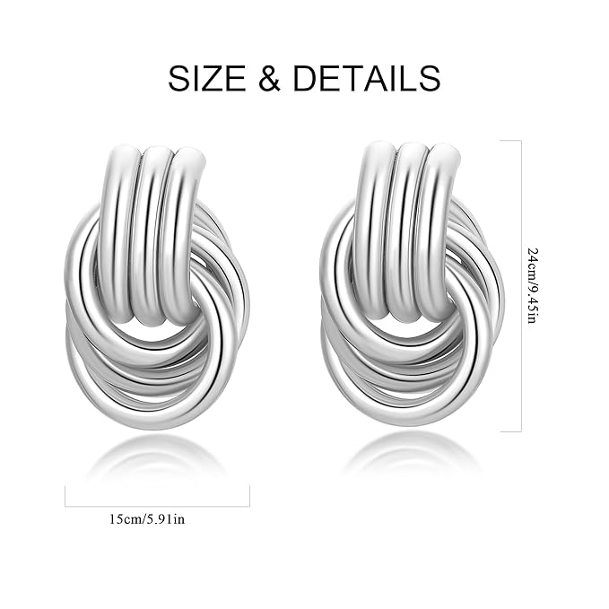Big Chunky Knot Link Earrings for Women Silver Circle Geometric Drop Dangle Earring Stud