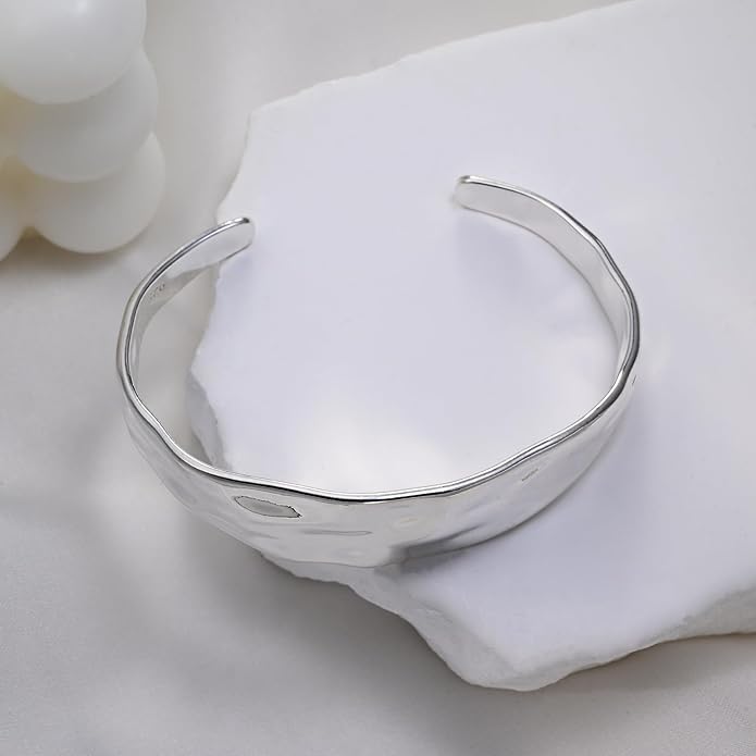 Sterling Silver Chunky Cuff Bracelet Vintage Hammered Texture Style Statement Open Bangle Bracelets for Women