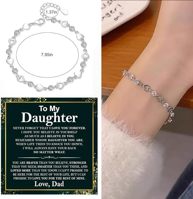 To My Daughter Bracelet, Silver Heart Chain Bracelet with Shiny Stones, Perfect Birthday or Graduation Christmas Gift for Daughter with Message Card Gift Box