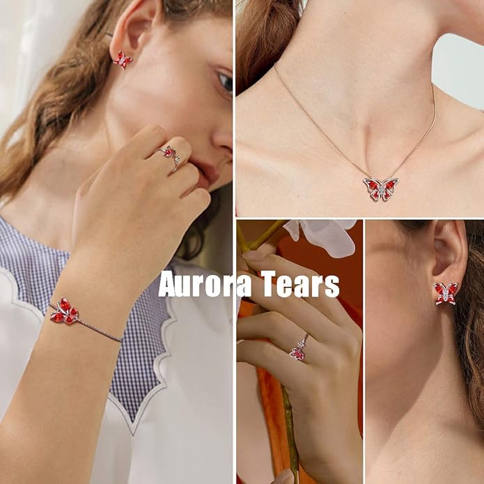 Aurora Tears Butterfly Jewelry,Women 925 Sterling Silver Butterflies Birthstone Pendant Necklace/Earrings/Rings Wedding Gift