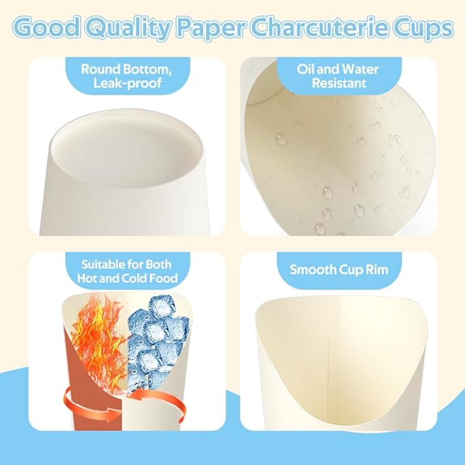 12oz White Charcuterie Cups 50 Pcs, 100 Sticks + 50 Plastic Bags + 50 Labels, Disposable Charcuterie Cups with Sticks and Bags, Individual French Fry Cup Paper Appetizer Cup for All Parties