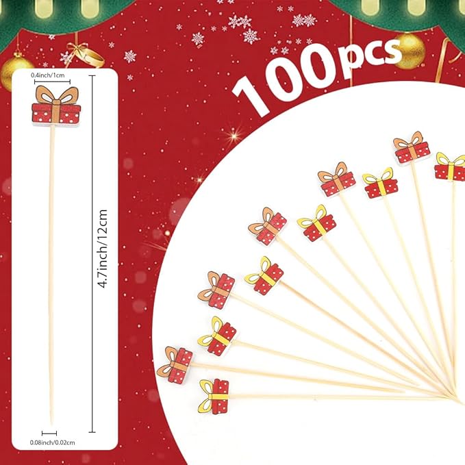 Holiday Toothpicks For Appetizers Bamboo Toothpicks 100pcs 4.7inch Gift Box Cocktail Toothpicks Christmas Picks For Food Picks Decorative Toothpicks For Appetizers Cocktail Sticks For Sandwich