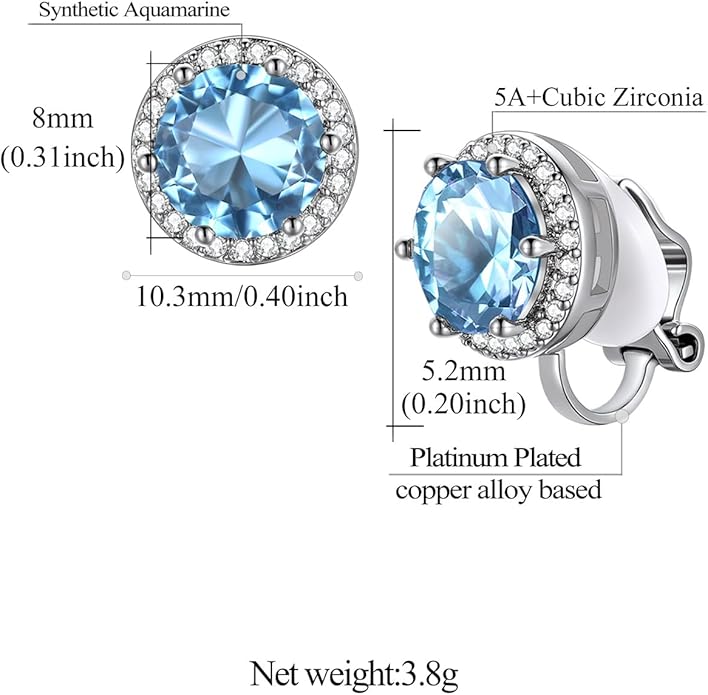 FindChic Sparkling Birthstone Clip On Earrings for Women, Silver Plated Stud Earrings 8MM Cubic Zirconia Non Pierced Studs, 12 Months Birthday Jewelry Gift