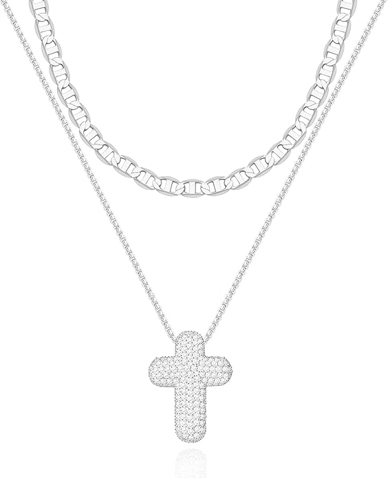 OGD Bubble Cross Necklace for Women 14k Gold Plated Cross Necklace Stackable Dainty Gold Necklace Mariner Chain Necklace CZ Cross Pendant Necklaces Set Simple Jewelry Gift