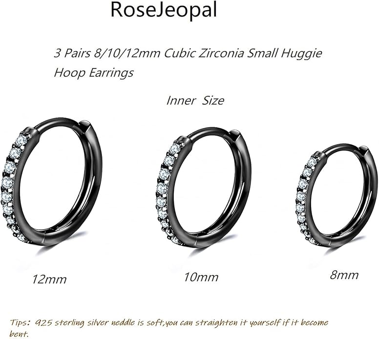 925 Sterling Silver Small Hoop Earrings Cubic Zirconia Huggie Hoop Earrings, 3 Pairs 14K White Gold Plated Cartilage Piercing Earrings Ear Cuff Tiny Hoop Earrings for Women Men