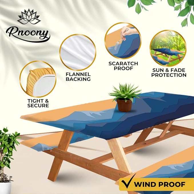 RNOONY 6ft Polyester Picnic Table Cover with Bench Covers Windproof & Waterproof Tablecloth, Perfect for Camping Gifts & RV Essentials, Cool Camping Gadgets, with Carrying Bag, 72x30 Inches, 4Pcs,Blue