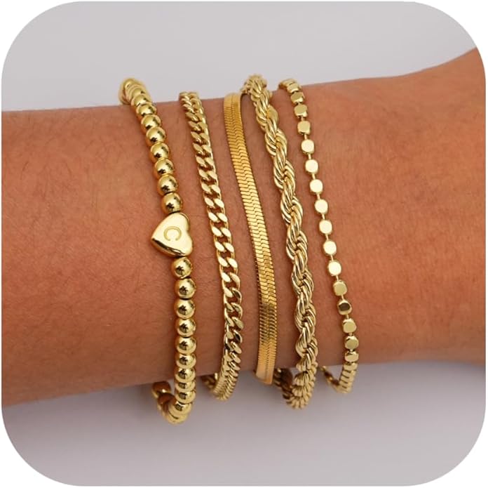 doubgood Valentines Day Gifts for Her - Gold Bracelets for Women Waterproof Stackable Heart Initial Link Charm Bracelets Set A-Z Letter 14K Gold Plated Adjustable Chain Stack Jewelry Gifts for Women